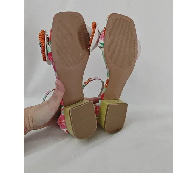 Betsey Johnson Floral Ankle-Strap Sandals with Orange Crochet Flowers - Picture 9 of 14